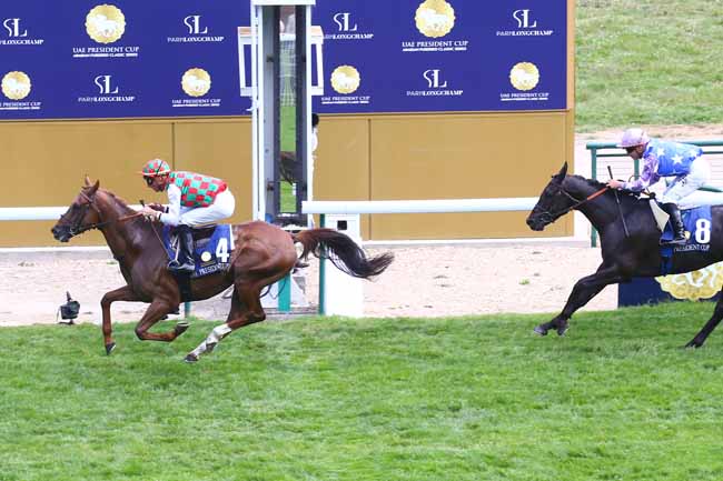 Photo d'arrivée de la course pmu THE PRESIDENT OF THE UAE CUP - COUPE D'EUROPE DES CHEVAUX ARABES à LONGCHAMP le Dimanche 15 mai 2022