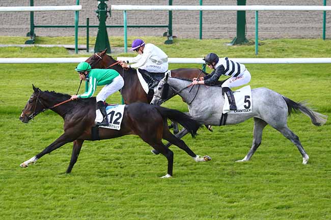 Photo d'arrivée de la course pmu PRIX CHARLES SEMBLAT (CHAMPIONNAT PARIS-TURF DES APPRENTIS & JEUNES JOCKEYS) à CHANTILLY le Vendredi 19 mai 2023