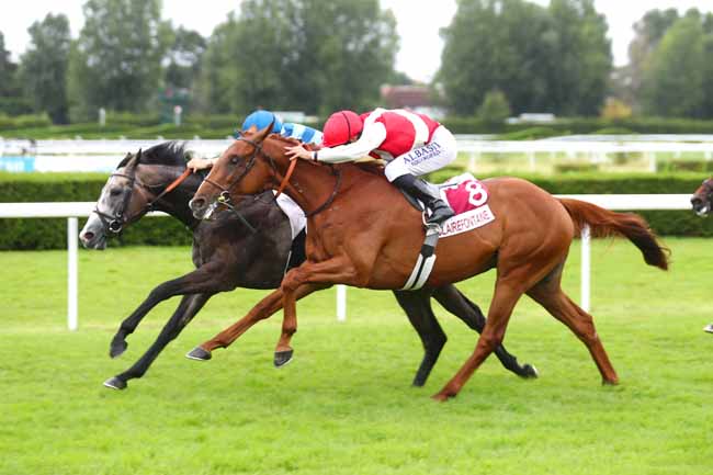 Photo d'arrivée de la course pmu PRIX DU VILLAGE DES EXPOSANTS DU 80EME ANNIVERSAIRE (PRIX DES TRITONS) à CLAIREFONTAINE le Samedi 27 juillet 2024