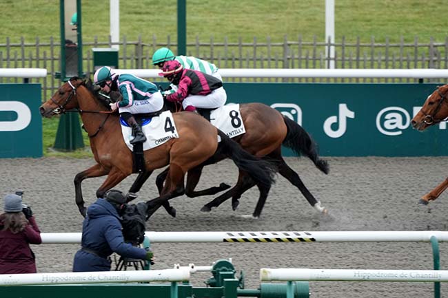 Photo d'arrivée de la course pmu PRIX LEON FLAVIEN (CHAMPIONNAT PARIS-TURF DES APPRENTIS & JEUNES JOCKEYS) à CHANTILLY le Jeudi 16 janvier 2025