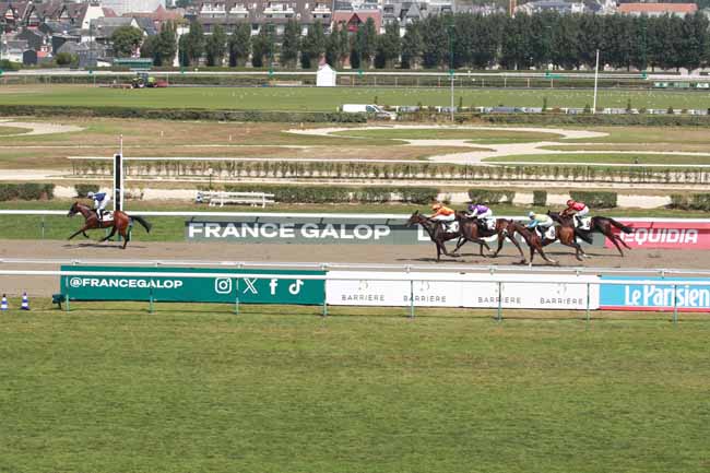 Photo d'arrivée de la course pmu PRIX D'ABLON - CATEGORIE DEVOUEMENT POUR LES COURSES - AEDG à DEAUVILLE le Mardi 12 août 2025