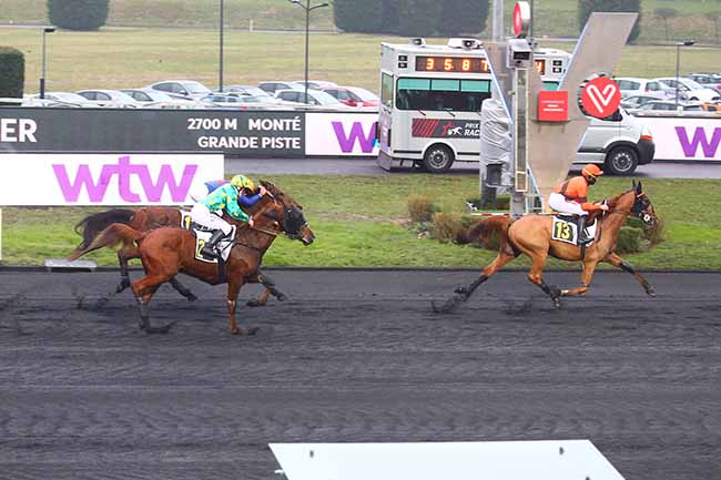 Photo d'arrivée de la course pmu PRIX WTW HIPCOVER (PRIX DE CHERBOURG) à PARIS-VINCENNES le Dimanche 16 janvier 2022